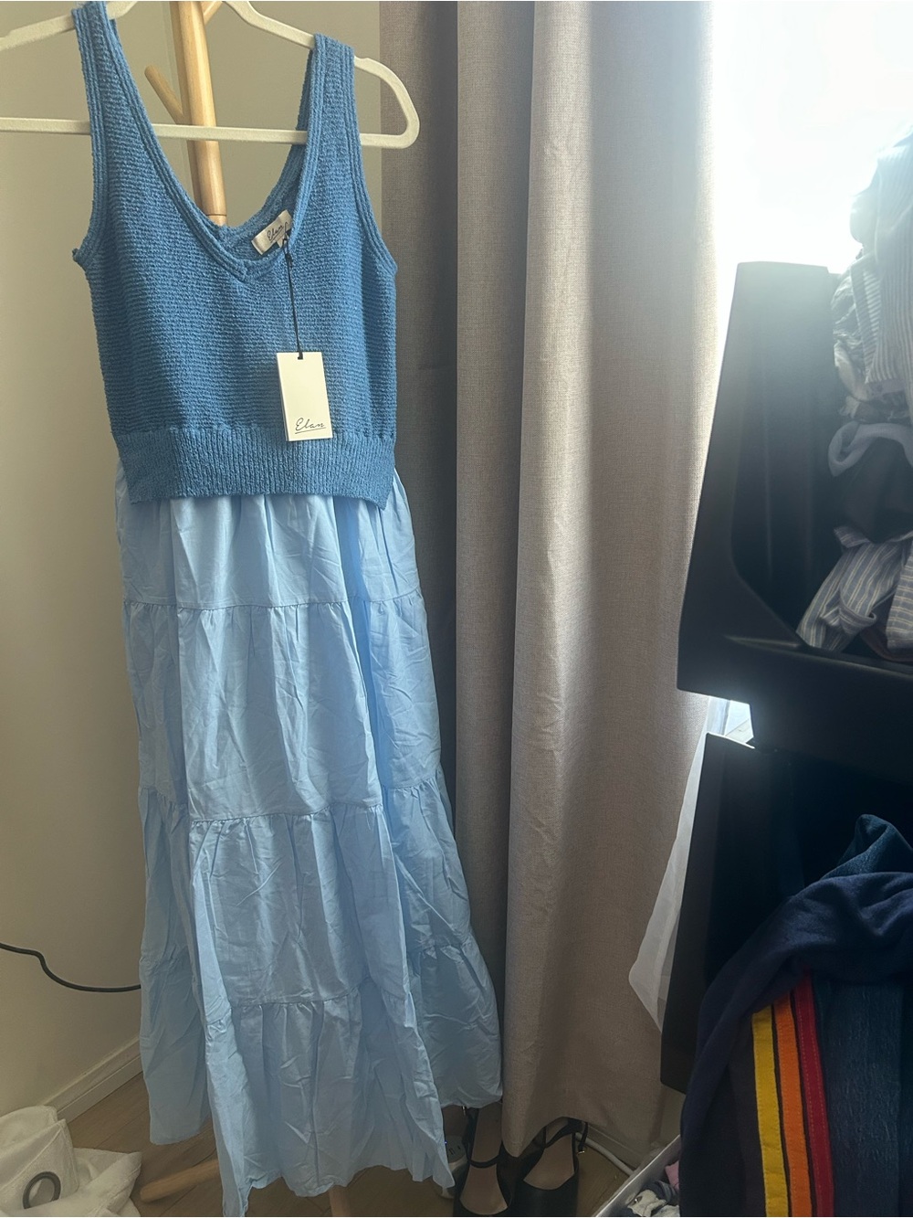Elan Light Blue Tiered Maxi Dress with Knit Bodice Large